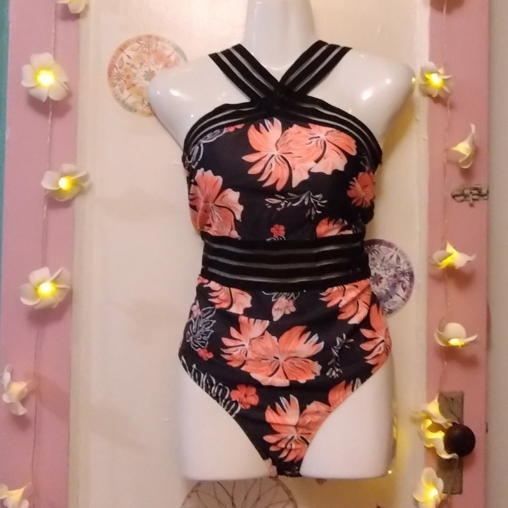Tempt Me (M) Floral One Piece Mesh Trim Suit